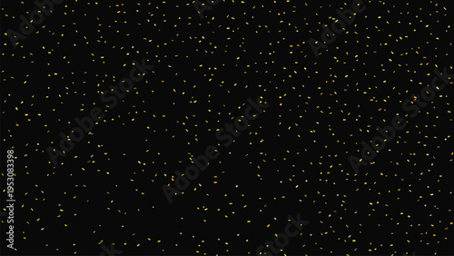 Abstract vector background with numerous small, irregularly scattered golden yellow dots on a solid black backdrop, creating a subtle, sparkling, and luxurious texture for design projects