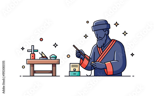 Traditional craft demonstration scene featuring a historical artisan silhouette beside a small tool and workbench icon, symbolizing preservation of skills and