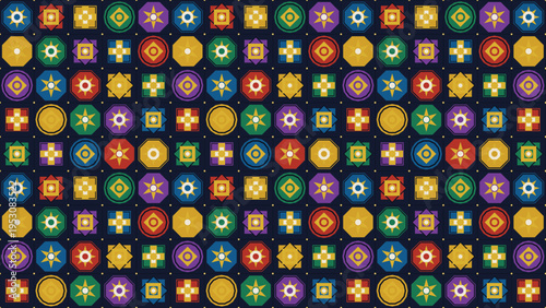 Seamless vector pattern with colorful geometric shapes: circles, octagons, squares, and crosses in red, yellow, green, blue, and purple on a dark blue background, ideal for modern design, web