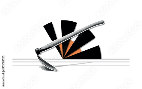 A black and white vintage hoe positioned diagonally, bold geometric semicircles radiating from the metal blade symbolizing cultivation cycles, thin horizontal