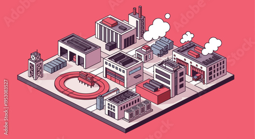 Isometric Industrial Cityscape with Factories and Buildings.