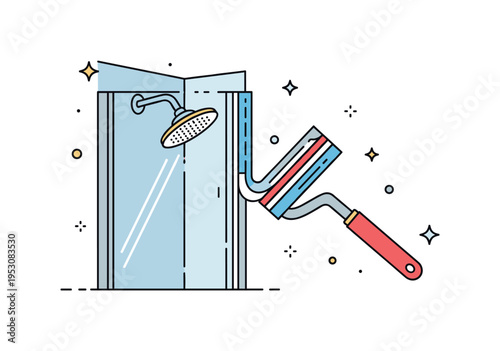 Shower maintenance routine illustrated by a simplified shower stall corner and a small tool smoothing the sealant bead for a neat finish. The compact editorial