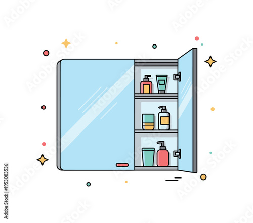 Integrated mirror cabinet with concealed shelving displaying organized toiletries behind a sleek reflective surface. The balanced badge style composition