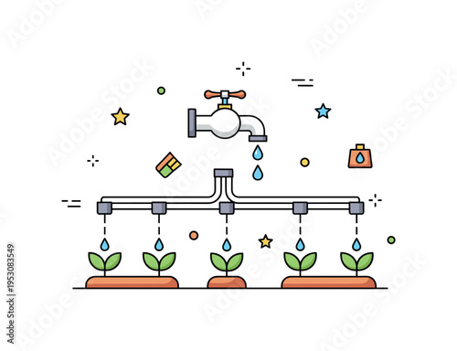 Irrigation system setup featuring a central water tap connected to neat drip lines watering small garden plants, expressing efficient water distribution and