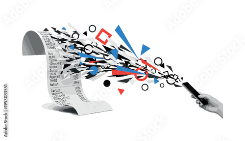 Black and white oversized receipt transforming into geometric pixels flowing into a smartphone, sharp angular shards and circular halos symbolizing digital