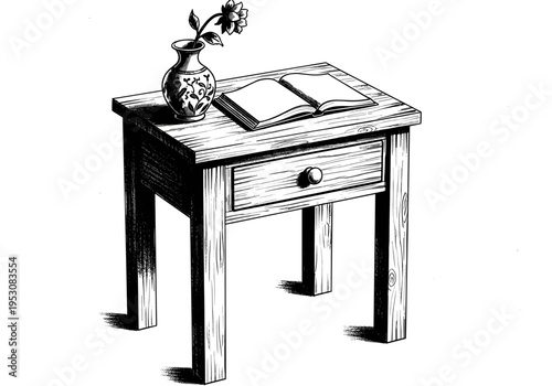 Simple wooden nightstand with an open book and a vase of flowers