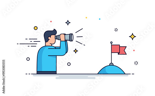 Vision and ambition theme showing a character holding binoculars while looking toward a distant flag on a small hill. Light motion curves and star accents