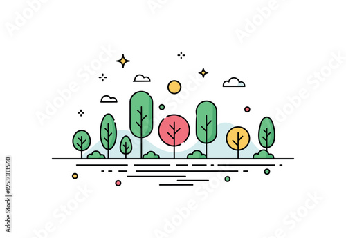 Temperate woodland landscape cluster of simple deciduous trees arranged along a minimal horizon line with subtle hill shapes. A modern illustration expressing