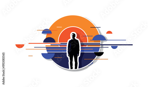 A monochrome human silhouette standing within a large circular frame symbolizing the setting sun, abstract semicircles and thin lines creating depth and