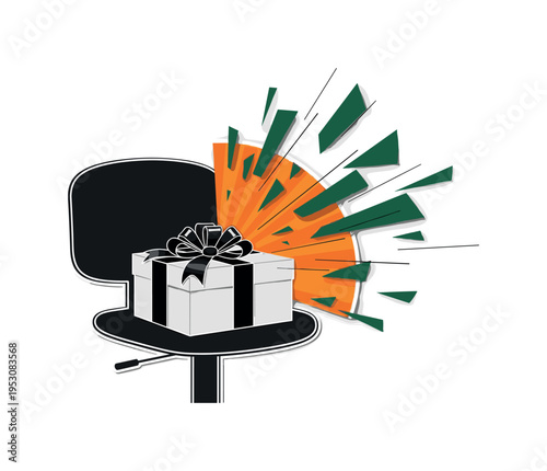 Black and white gift box with ribbon placed on an office chair, bright orange semicircle and dark green abstract fragments radiating outward like appreciation