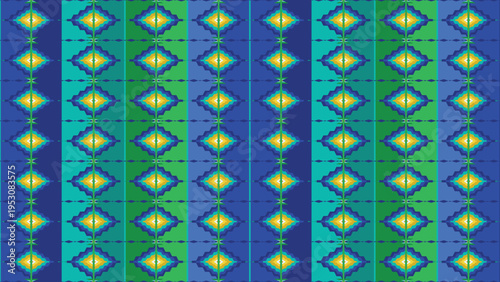 Vibrant blue, green, and yellow geometric seamless pattern vector with diamond shapes and vertical stripes, ideal for textile, fabric, wallpaper, and digital backgrounds