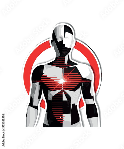 A black and white abstract human-like figure composed of fragmented geometric shapes, layered with a bold red circular frame behind the torso and