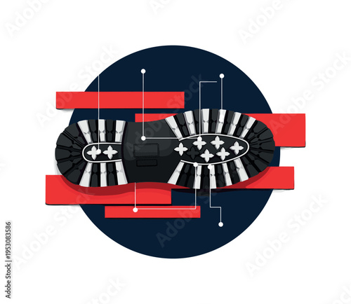 Conceptual footwear theme with black-and-white boot sole enlarged to show texture pattern, deep navy circle backdrop, bright red rectangular accent blocks