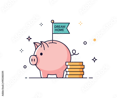 Goal based saving strategy visualized as a piggy bank with a small flag on top labeled Dream Home and coins forming a neat stack beside it,