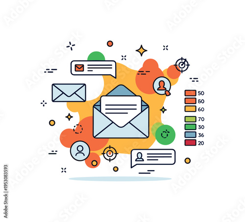 Marketing campaign engagement heatmap envelope and notification icons surrounded by warm colored data spots, reflecting audience response intensity. A concise