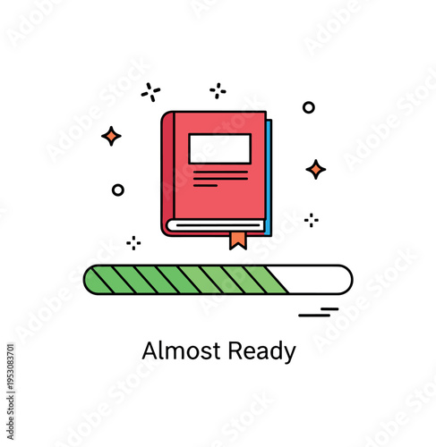 Progress bar download illustration featuring a digital book icon positioned above a partially filled bar, symbolizing waiting and anticipation before reading