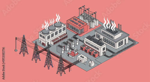 Isometric Industrial Complex with Factories and Power Lines.