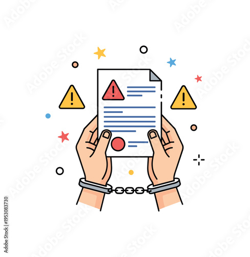 Handcuffed hands holding a document with warning symbols and abstract dots, highlighting legal accountability, criminal charges, and custody. Minimalist flat