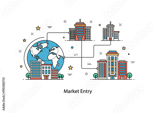 International corporate expansion theme featuring a globe linked by thin lines to multiple company buildings. Balanced spacing and a subtle ?Market Entry?