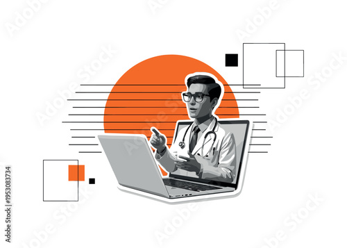 Black and white realistic doctor on a laptop screen speaking during a telemedicine session, placed slightly off-center, layered with a bold orange circle