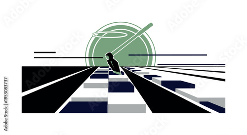 Black and white hoe creating a furrow in stylized geometric soil blocks, bold flat circular halo behind representing sun and growth, minimal horizontal lines