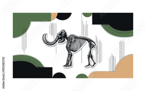 A monochrome mammoth skeleton displayed centrally, framed by geometric arcs and flat rectangular shapes symbolizing paleontology, thin vertical grid lines