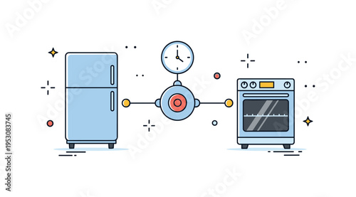 Connected kitchen appliances refrigerator and oven icons linked to a central hub symbol, small clock accent indicating scheduled operation. A modern editorial