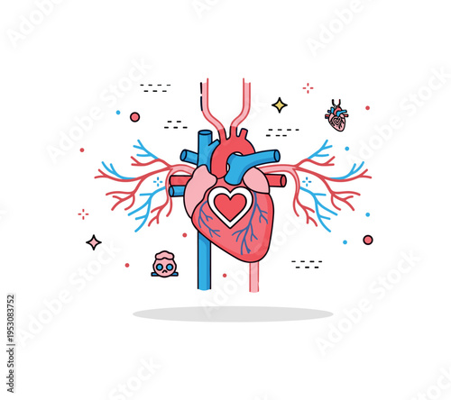 Medical infographic badge about vascular system focused on a central heart connected to clearly organized branching vessels, complemented by minimal dot