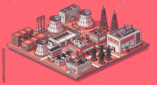 Isometric Industrial Complex with Factories and Power Plants.