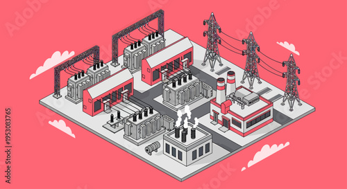 Isometric Industrial Complex with Factories and Power Lines.