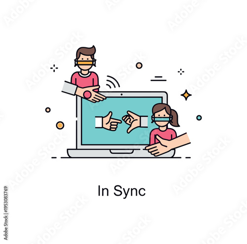 Virtual collaboration body signals focusing on synchronized gestures between two small on screen figures. Clean laptop outline, subtle motion accents and a ?In