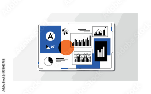 Black and white abstract science fair display board with geometric charts and symbols, bold orange circle centered behind the main chart, cobalt blue blocks