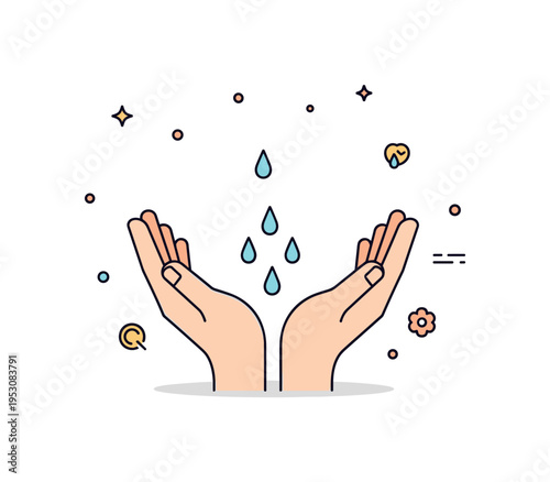 Emotional release open hands with small droplet shapes falling downward, expressing catharsis and letting go. A gentle concept illustration about vulnerability