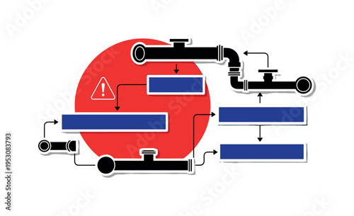 Black and white plumbing troubleshooting chart displayed as a wall poster with simplified pipes diagram, bold red geometric circle behind like a warning