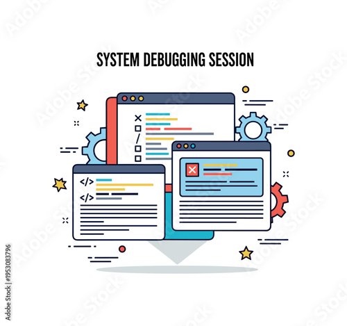 System debugging session theme centered on layered code windows with one highlighted section and subtle gear accents, expressing structured analysis and