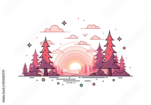 Sunrise over a taiga landscape with soft pink and orange hues illuminating the pine trees, evoking calm, beauty, and quiet reflection. Minimalist flat vector