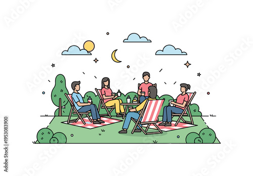 Outdoor movie night in a backyard garden with a small group of people sitting on foldable chairs and blankets, enjoying snacks and conversation before the film