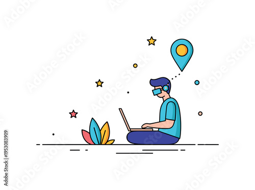 Digital nomad traveler illustrated by a seated figure with laptop and small location pin accent, expressing remote work and flexible lifestyle. The compact