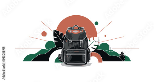 A black and white realistic backpack placed at the center, surrounded by abstract geometric leaves and circular landscape elements, bold flat semicircle behind