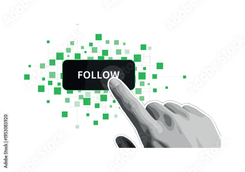 Close-up monochrome hand tapping ?follow? button on screen, surrounded by small green square accents and thin grid lines referencing algorithm structure, white