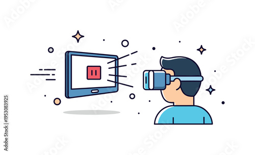 Virtual reality film screening depicted by a viewer wearing simple VR goggles facing a floating screen icon. Subtle motion curves and sparkle elements convey