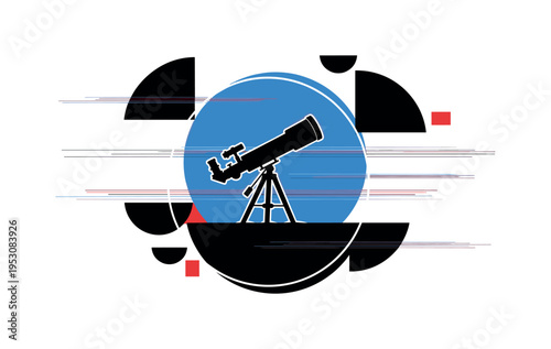 Black and white telescope silhouette positioned on geometric plateau, large blue circle centered behind representing moonlit sky, thin horizontal linear