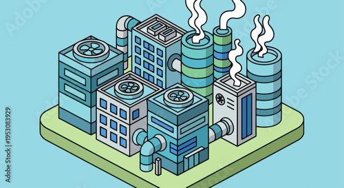 Isometric Industrial Complex with Smoking Chimneys and Cooling Towers.