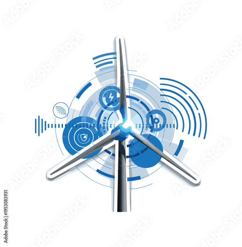 Black and white wind turbine with rotating blades, layered with blue geometric circles and linear signal icons, concentrated flash of light at the turbine hub