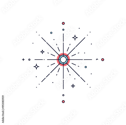 Quasar cosmic energy concept illustrated by a bright central core emitting symmetrical radiant beams across space, surrounded by minimal star dots to emphasize