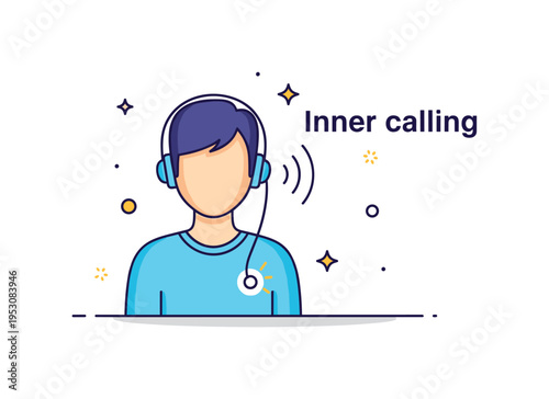 Inner calling metaphor figure listening to a subtle sound wave emerging from a small glowing symbol near the chest, suggesting intuition and authenticity. A