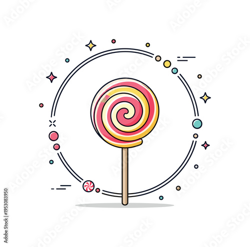 Lollipop showcase oversized spiral lollipop centered within a thin circular frame, symbolizing iconic candy shop treats. A playful modern badge suitable for