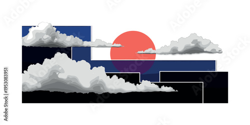 Black and white realistic clouds combined with sharp geometric blocks forming a structured sunset gradient in flat colors, bold circular sun partially hidden