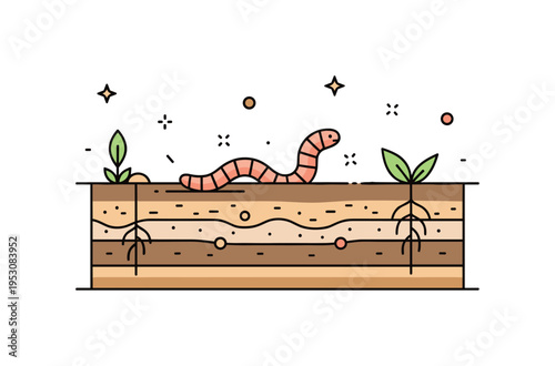 Underground life cross section featuring a single worm moving through layered soil textures with subtle root elements, highlighting hidden biodiversity beneath