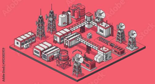 Isometric Industrial Complex with Various Buildings and Structures.